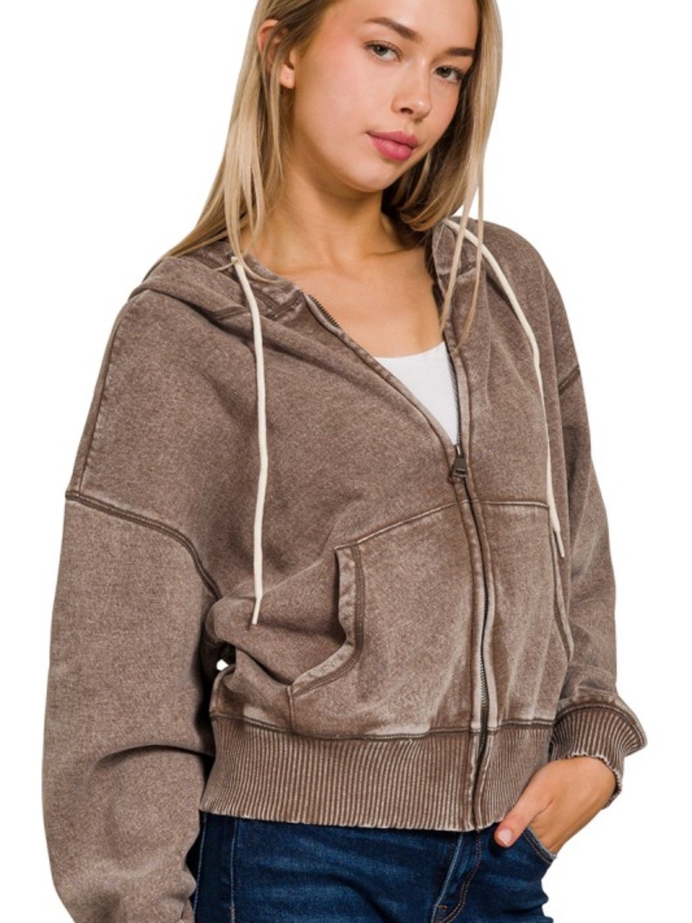 Zenana Mocha Matching Set Wide-Leg Lounge Pants & Zip Hoodie - Picture 2 of 3